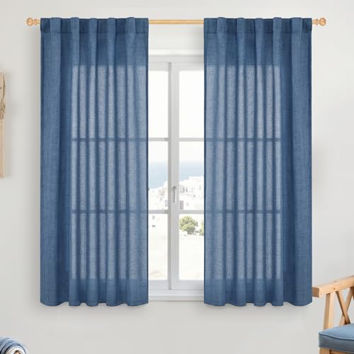 YoungsTex Blue Linen Semi Sheer Curtains 42 X 45 Inch Length - color: Navy, size: 42"W x 45"L (Pack of 2)