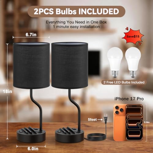 Fenmzee Bedside Lamps for Bedroom Set - 18" Black Table Lamp for Nightstand - color: Black