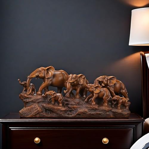 7 Elephants Herd with Babies Statue Elephant Family Frgurines Sculpture for Home Office Living Room Desktop Decoration Figurines Indoor Feng Shui Decor (Wood) - color: Wood
