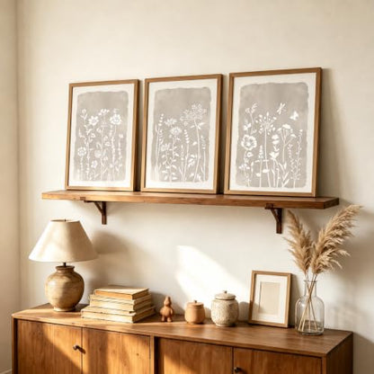 Neutral Floral Wall Art Set of 3, Brown Framed Botanical Canvas Prints - color: White flowers, size: 16x12