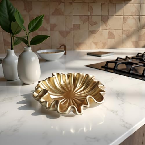 12" Large Decorative Bowl decor - Scalloped Decorative Bowls for Home Decor - Organic Fluted Modern Home Decor,Ruffle Decor key bowl,bowl for keys,Golden - color: Golden