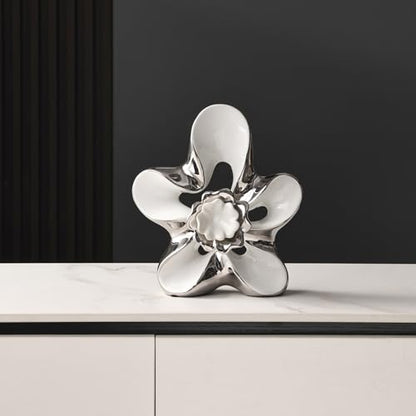 Ceramic Statue Home Decor Aesthetic Abstract Flower Sculpture - color: White and Silver