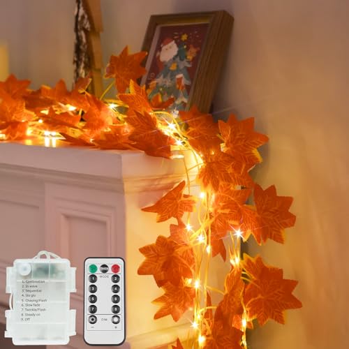 suddus 33 FT 100 LED Fall Garland with Lights Battery Operated Copper Wire - color: Maple, size: 100 LED-Battery