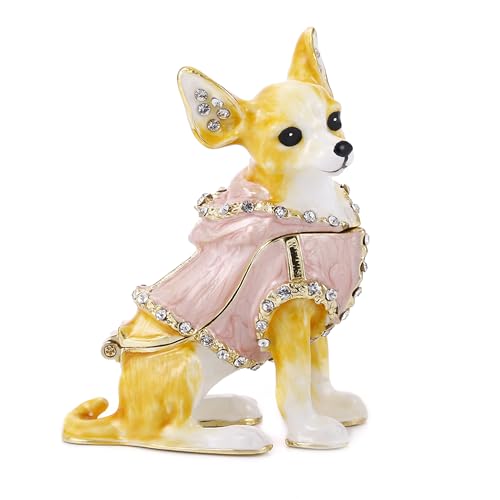 Hand Painted Enameled Chihuahua Trinket Box, Hinged Unique Mini Ring Necklace Jewelry Organizer, Classical Bejeweled Storage, Figurine Collectible Keepsake Home Decor (Chihuahua) - color: Chihuahua