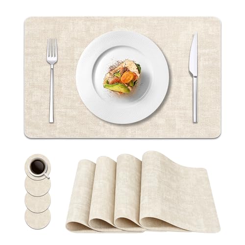 NCUE Vinyl Placemats Set of 4, 17"x12" Wipeable Place Mats with Coasters - color: Beige, size: Set of 4