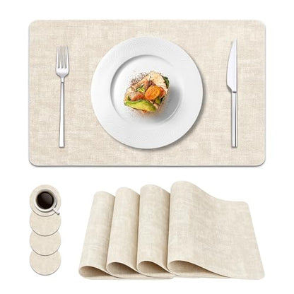 NCUE Vinyl Placemats Set of 4, 17"x12" Wipeable Place Mats with Coasters - color: Beige, size: Set of 4