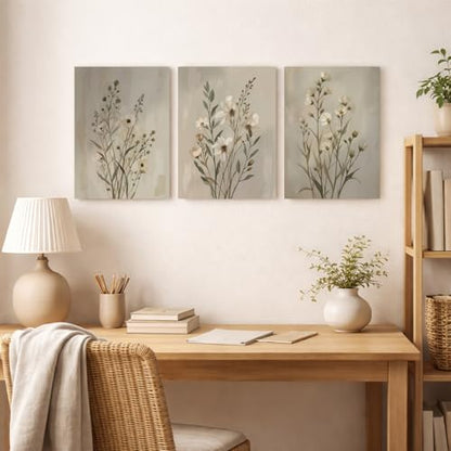 Neutral Wildflower Canvas Wall Art Set of 3, Beige Floral, 16x24 Inch - color: Light green flowers and grass, size: 16x24 inch