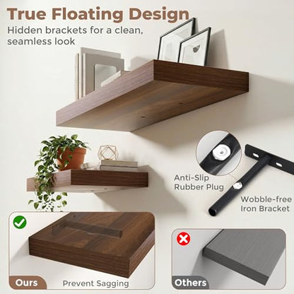 Venusmiles 12 inch Deep Floating Shelves for Wall, 72" Wide, Walnut, 2-Pack - color: Walnut Finish, size: 72"w x 12"d, 2p