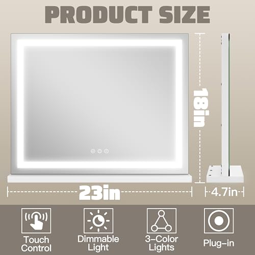 HNV 22.8"x18" Lighted Makeup Mirror with LED Lights, 3-Color Dimmable, Smart Touch Control, USB Charging Port, Tabletop or Wall-Mounted Vanity Mirror, White - color: White, size: 22.8"L x 22.8"W