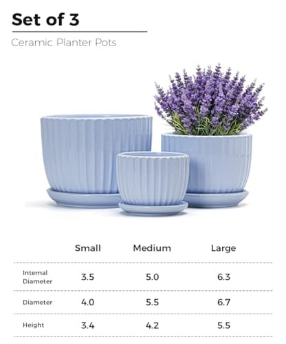 Flower Pots，Ceramic Pots with Drainage Holes & Saucers Set of 3(Sky Blue) - color: Blue