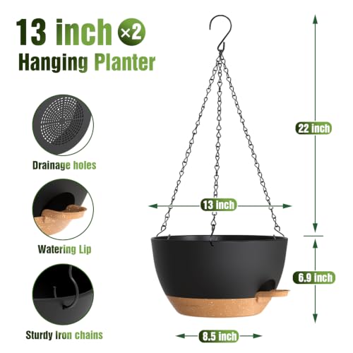 13 Inch Large Self Watering Hanging Planters 2 Pack with Saucers - color: Black Brown, size: 13 Inch 2 Pack