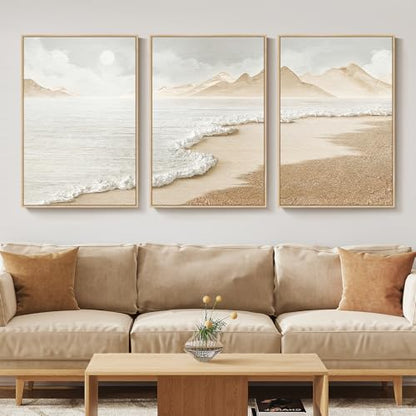 Large Framed Boho Abstract Beach Wall Art for Living Room, 24x36 Inch - color: Neutral, size: 24" W x 36" H x 3Pcs