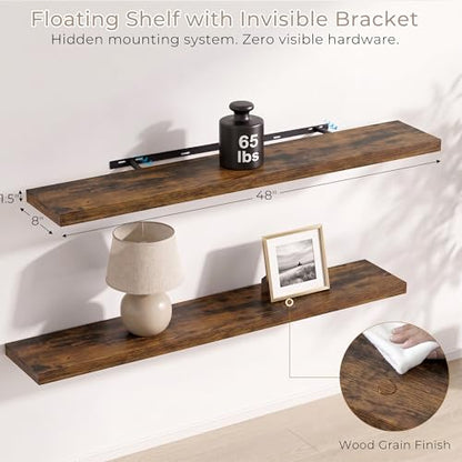 Vivelove Deep Floating Shelves 48 x 8 Inch, Rustic Brown, Set of 2 - color: Rustic Brown, size: 48"Wx8"Dx1.4"H