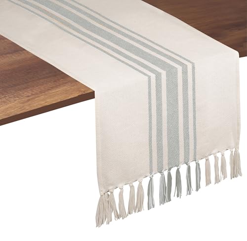 Native Fab Gray Stripe Table Runner - 72 Inches Long Boho Table Covers with Tassels - 100% Cotton, Tight Weave, Non Slip Tablerunner for Dining, Kitchen, Wedding, 14"x72" - Light Grey & White - color: Ash (Light) Grey White, size: 14x72