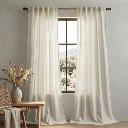 Mrs.Naturall Flax Linen Narrow Curtains 84 Inches Long, Rustic Farmhouse Light Filtering Semi Transparent Skinny Curtain Panels for Living Room Bedroom, Tan Beige, 42x84 inch Length - color: Linen, size: 42"W x 84"L (Pack of 2)