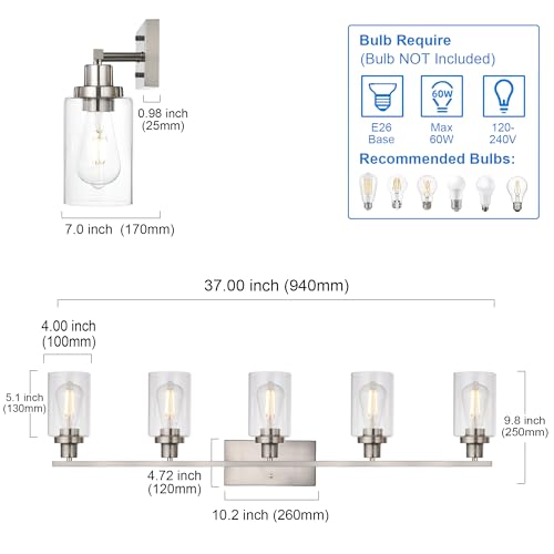 MELUCEE 5-Light Bathroom Vanity Light Brushed Nickel with Clear Glass Shade - color: Brushed Nickel, size: 5-Light