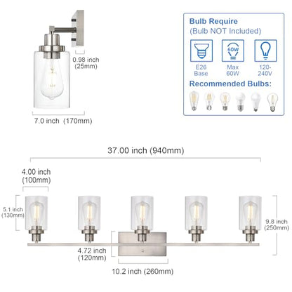 MELUCEE 5-Light Bathroom Vanity Light Brushed Nickel with Clear Glass Shade - color: Brushed Nickel, size: 5-Light