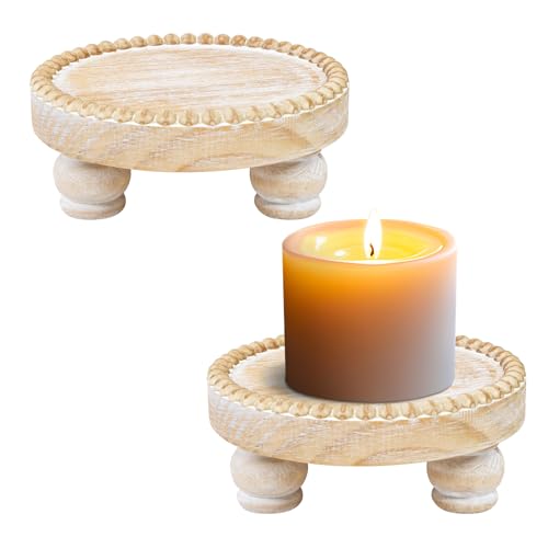 Small Wood Risers for Decor, Round Wooden Display Risers Candle Plates and Trays, Farmhouse Candle Trays Home Decor, Pedestal Stand for Mini Cake, Mug Display Decorative, Table Centerpiece, Brwon - color: Brown, size: Set of 2