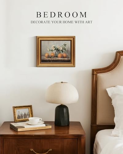VIYYIEA Gold Framed Wall Art, Oranges Still Life Print Kitchen Wall Art - color: White Roses Vase, size: 10"L x 8"W