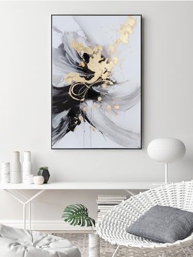 SAFERRYHOME Framed Abstract Black and Gold Modern Wall Art, Large 24"x36"x2 - color: Black Gold 1, size: 24" x 36" x 2 Panel Framed