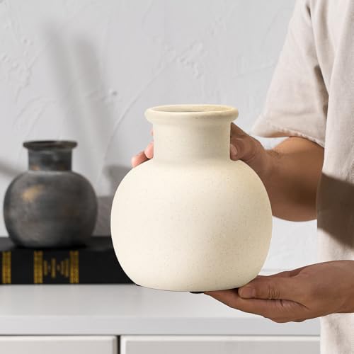SIDUCAL Spotted Ceramic Modern Vase, 5.8 Inch Rustic Farmhouse Decorative Boho Terracotta Vase for Home Decor, Table, Living Room, Wedding, Shelf Decor, Mantel, Speckled White - color: 18795-white