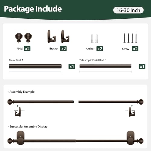 KAMANINA No Drill Curtain Rods 16-30", Strong 3M Adhesive Bracket, Bronze - color: Bronze, size: 16-30"