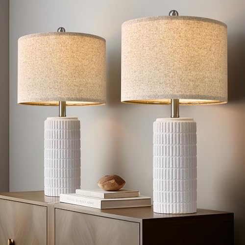 PoKat 23" Table Lamp, Farmhouse Bedside Lamps for Bedroom Set of 2, Ceramic End Table Lamps for Living Room, Traditional Nightstand Desk Lamps, Frosted White Lamps, Medium - color: Frosted White