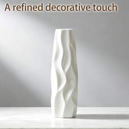 White Ceramic Flower Vase, 12 Inch, Pleated Wave Design