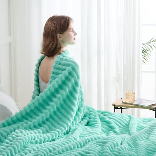 NEWCOSPLAY Fleece Ribbed Cozy Twin Blanket for Couch, Aqua, 60"x80" - color: Aqua Ribbed, size: Twin(60"x80")