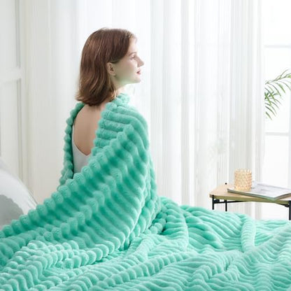 NEWCOSPLAY Fleece Ribbed Cozy King Blanket for Couch, Aqua, 90"x110" - color: Aqua Ribbed, size: King(90"x110")
