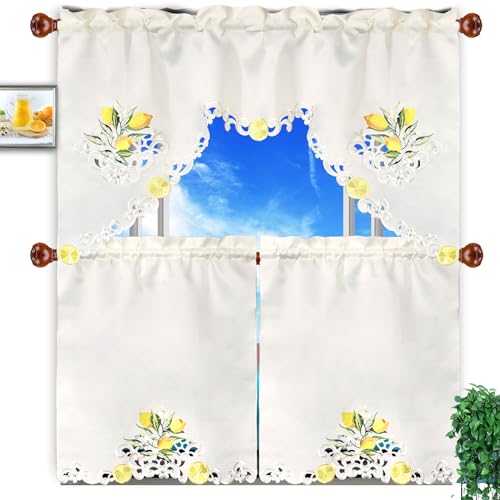 Simhomsen Embroidered Lemon Kitchen Window Curtain Swag and Tiers Set for Spring and Summer (Lemon) - color: Lemon