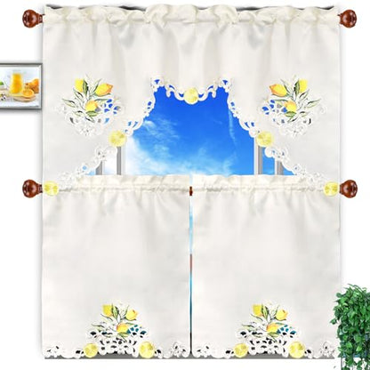 Simhomsen Embroidered Lemon Kitchen Window Curtain Swag and Tiers Set for Spring and Summer (Lemon) - color: Lemon