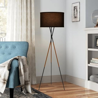 Kira Home Sadie 61" Mid-Century Modern Tripod Tall Floor Lamp - color: Black Finish,Black Shade