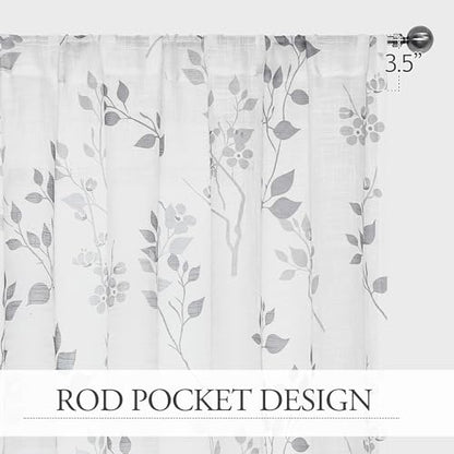 Beauoop Floral Linen Semi Sheer Curtains Living Room Grey 50x63 2 Panels - color: Rod Pocket | Grey, size: 50"W x 63"L (Pack of 2)