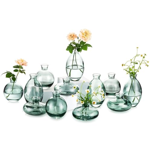 Glasseam Glass Bud Vase for Centerpieces: 12Pcs Green Mini Small Vases Bulk - color: Green, size: 4 Sets