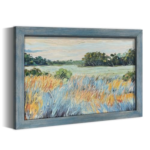 summer melody Abstract Landscape Natural Wood Framed Wall Art 36x24 Inch - color: Teal, size: 36"L x 24"W