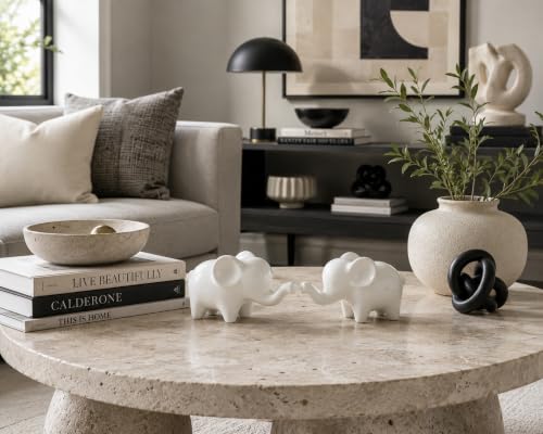 4 Inch White Ceramic Elephant Figurines Set of 2 - color: White