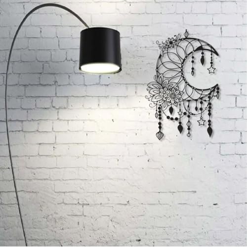 SYDERWE Metal Wall Art, Matte Black Moon Phase Decor, Celestial Bedroom Decor with Floral and Hanging Stars, Indoor & Outdoor
