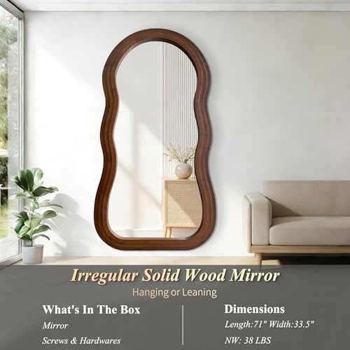 71"x33.5" Wavy Full Length Mirror with 3-Layer Solid Wood Frame - color: Walnut Wavy Frame, size: 71"L x 33.5"W