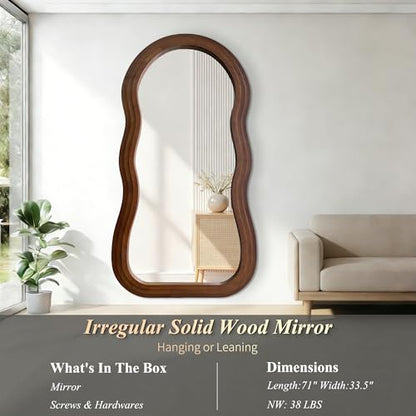 71"x33.5" Wavy Full Length Mirror with 3-Layer Solid Wood Frame - color: Walnut Wavy Frame, size: 71"L x 33.5"W