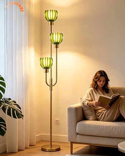 Modern Glass Floor Lamp 66IN 3-Light Green Glass Gold Dimmable Floor Lamps - color: Green Lotus-Gold