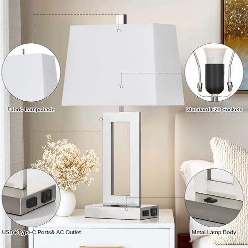 Cinkeda Silver Bedside Table Lamp Set of 2,Nightstand Lamps with USB Ports - color: B.White&Silver