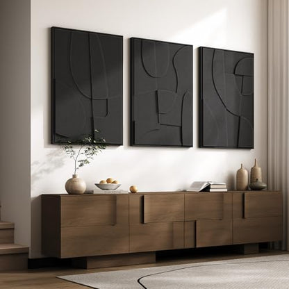 Large 3D Textured Modern Black Abstract Wall Art for Living Room, 3 Piece - color: Black --A, size: 24"w X 36"h X 3pcs
