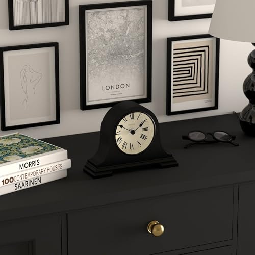 JONES CLOCKS® Speakeasy Small Mantel Clock | Classic Napoleon’s hat Design | Black | Roman Numerals |Traditional Style for Desk, Table, Shelf or Bedside - color: Black