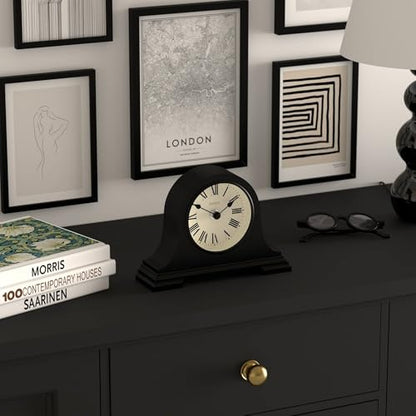 JONES CLOCKS® Speakeasy Small Mantel Clock | Classic Napoleon’s hat Design | Black | Roman Numerals |Traditional Style for Desk, Table, Shelf or Bedside - color: Black