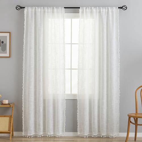 Linen Texture Boho Curtains 63 Inches Long for Bedroom Farmhouse Curtains & Drapes Country Style, 40" W x 63" L, Off White, 2 Panels - color: Off White, size: 40"W x 63"L (Pack of 2)