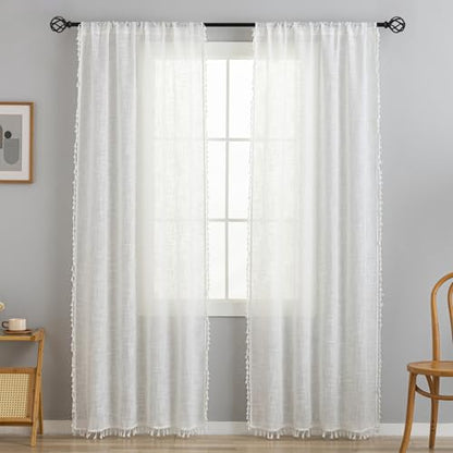 Linen Texture Boho Curtains 63 Inches Long for Bedroom Farmhouse Curtains & Drapes Country Style, 40" W x 63" L, Off White, 2 Panels - color: Off White, size: 40"W x 63"L (Pack of 2)