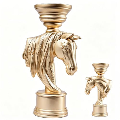 Golden Horse Head Candle Holder 12 Inch – Equestrian Gold Stallion Statue Pillar Candle Stand - color: Gold Horse