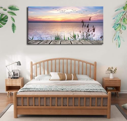 yearainn Sunset Lake Wall Art, Dock Reed Grass Flying Birds, 29" x 58" - color: Sunset Lake, size: 58"L x 29"W