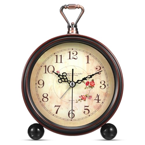 Veemoon Vintage Desk Alarm Clock - 8# Antique Silent Table Clock Decorative Quiet Non-Ticking Alarm - Retro European Style- for Kids, Office, Desk Bedside Shelf Decor, No Battery